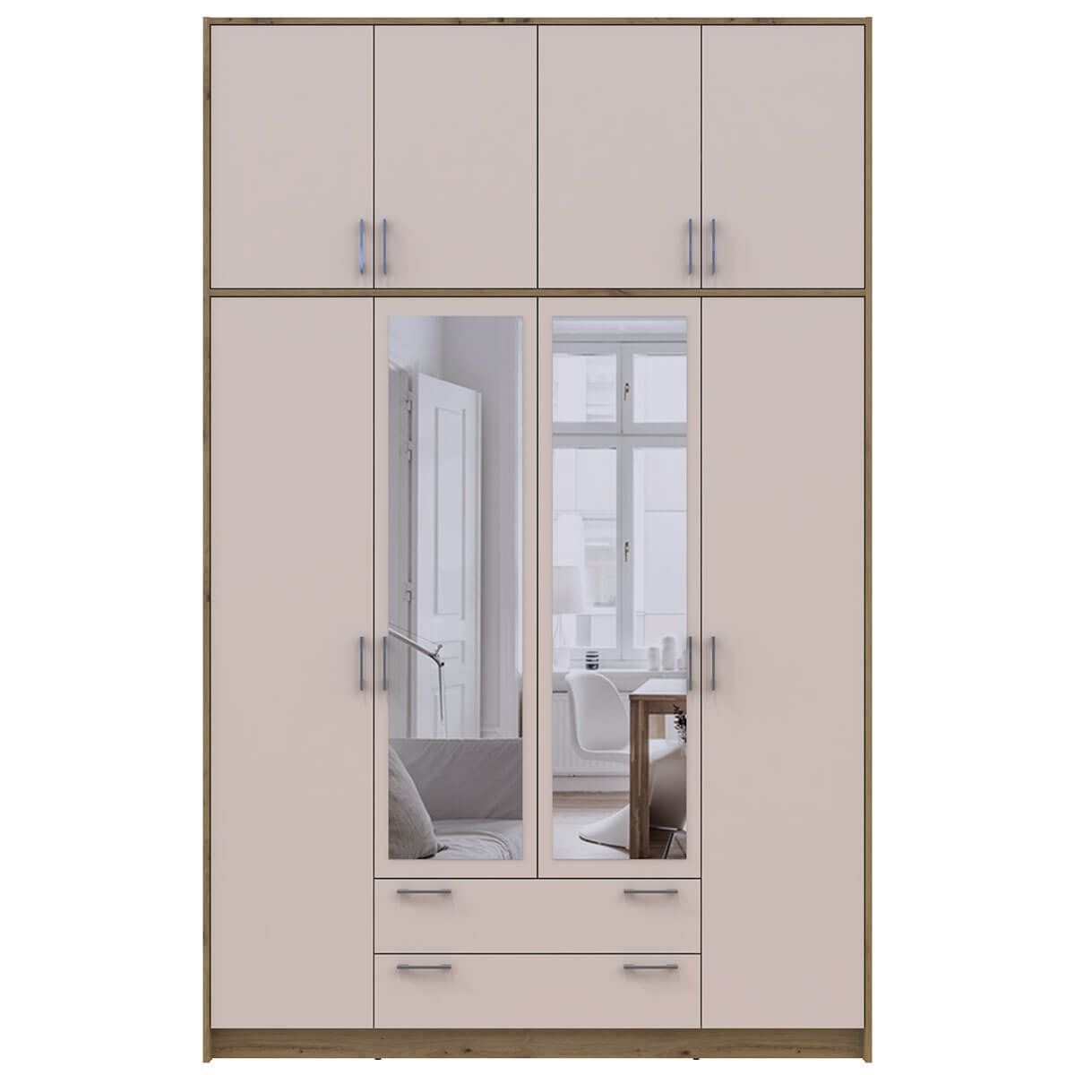 На фото шафа з високою антресоллю та дзеркалом Ронді Doros (Дорос) 4 ДСП дуб артизан / кашемір