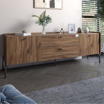 Тумба под телевизор с ящиками LION Wood с черными металлическими ножками 180х50х40 см дуб ливорно 18163 фото мебель