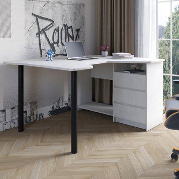 Стіл геймерський комп'ютерний LION Буст кутовий з шухлядами бетон Style 18720 фото меблі