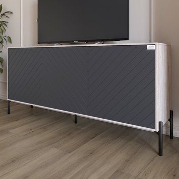 Тумба под телевизор с черными металлическими ножками LION Амарант 168x40x76,5 см самоа дымчатый / графит 18070 фото мебель
