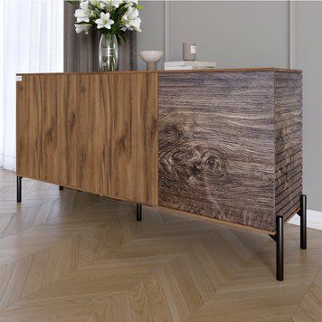 Комод закрытый в гостиную на черных металлических ножках LION Грей 154x30x76,5 см дуб ливорно / дерево 30518 фото мебель