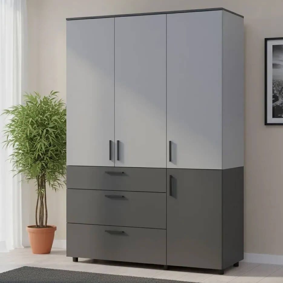 Шкаф распашной Торн Doros (Дорос) 3 ДСП/3Ш (полки) 135х51,6х200 см антрацит / серый  44900522 фото мебель