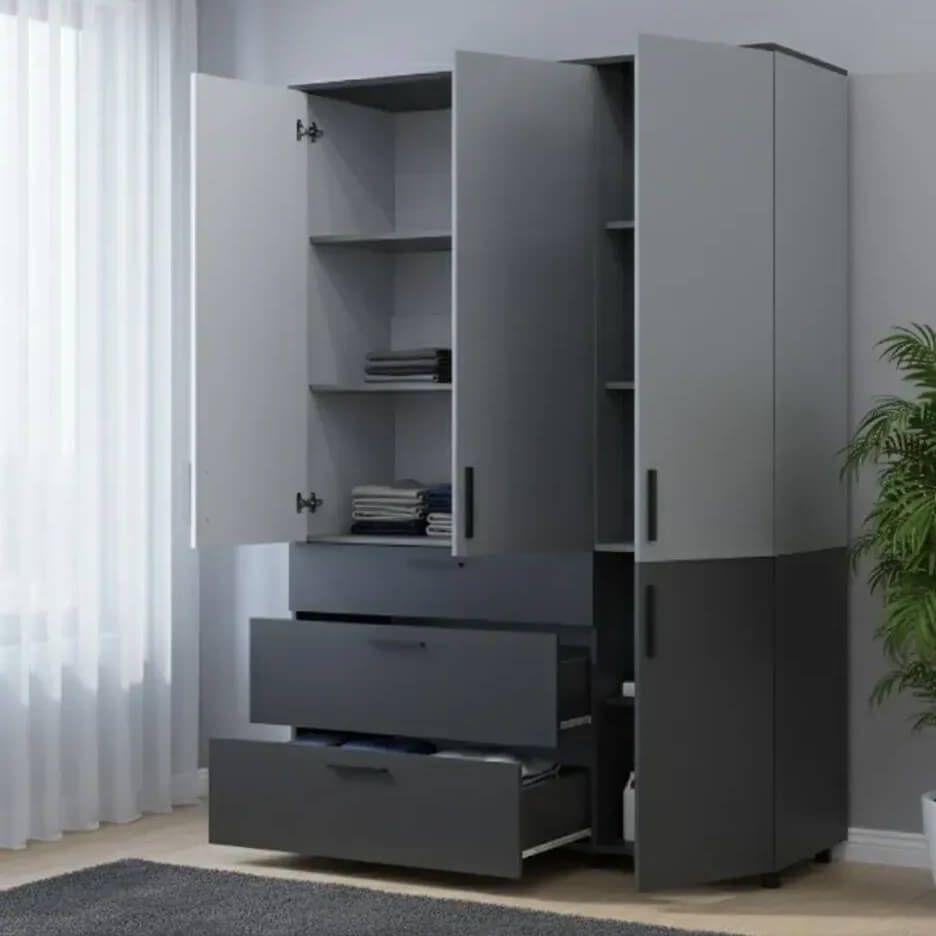 Шкаф распашной Торн Doros (Дорос) 3 ДСП/3Ш (полки) 135х51,6х200 см антрацит / серый  44900522 фото мебель