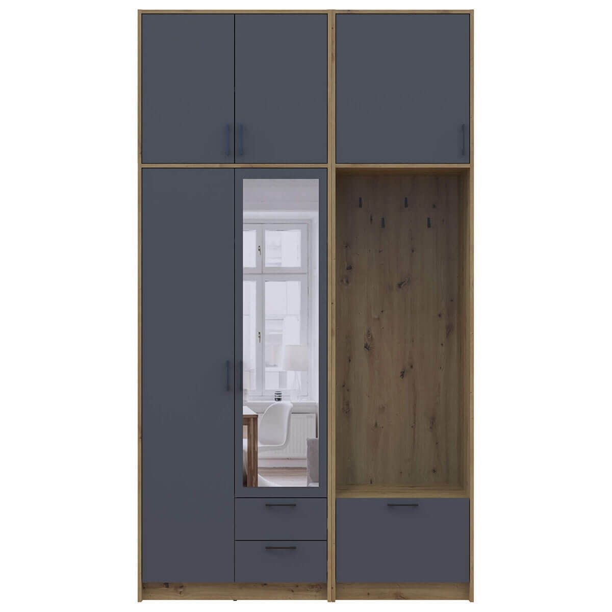 Шафа для одягу з вішалкою, дзеркалом та високою антресоллю Ронді Doros (Дорос) 2 ДСП 142х52х260 см дуб артизан / графіт 42005279 фото меблі