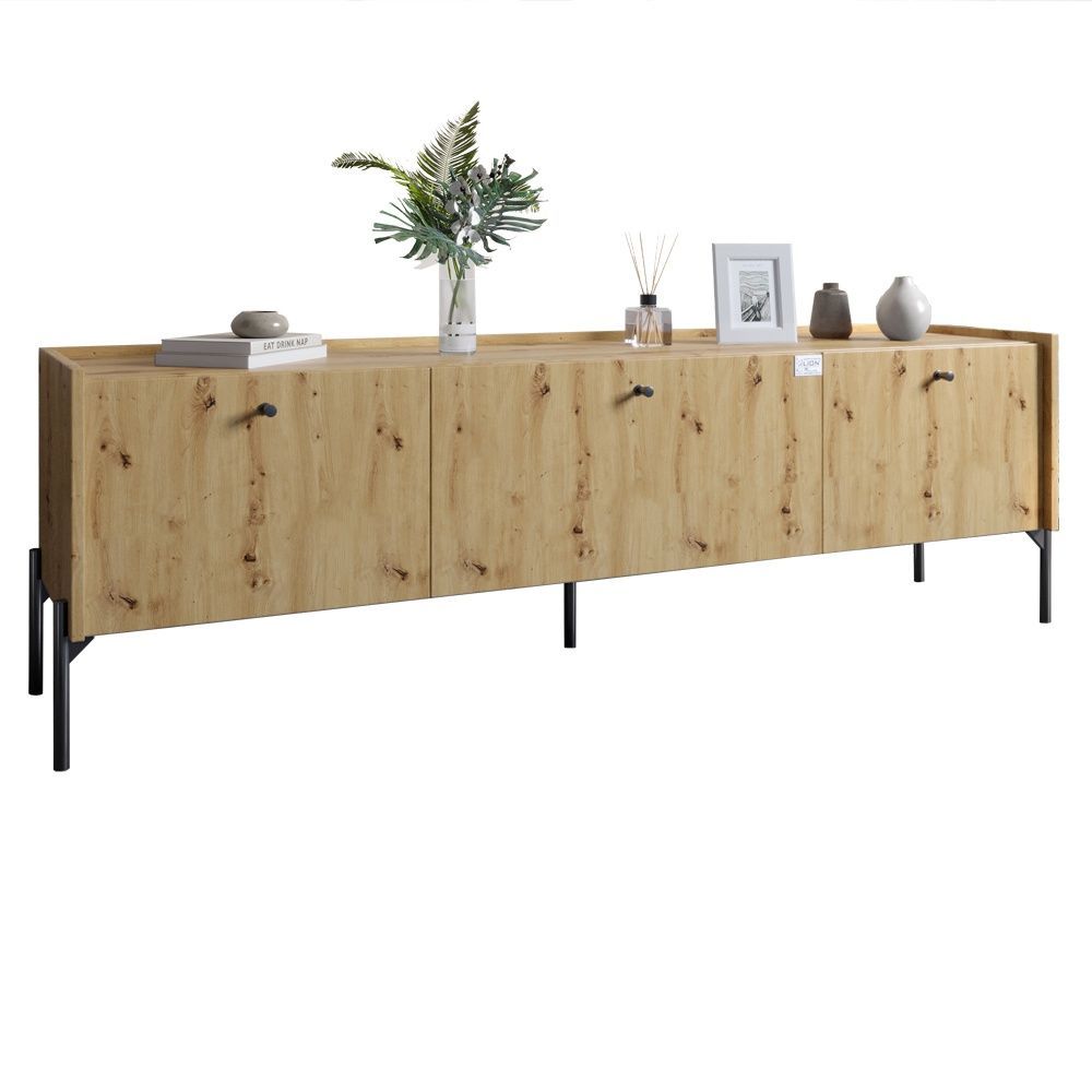 Тумба под телевизор на 3 ящика LION Wood с черными металлическими ножками 160х65х40 см дуб артизан 18022 фото мебель