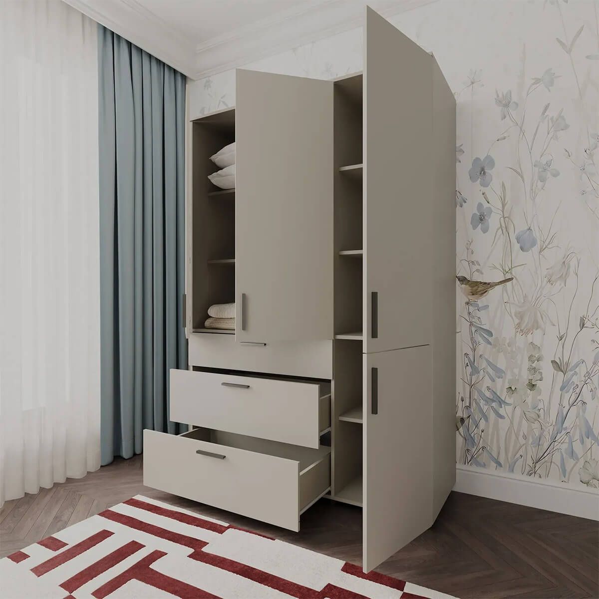 Шкаф распашной Торн Doros (Дорос) 3 ДСП/3Ш (полки) 135х51,6х200 см кашемир 44900498 фото мебель