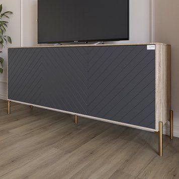 Тумба під телевізор із золотими металевими ніжками LION Амарант 168x40x76,5 см дуб сонома / графіт 18174 фото меблі