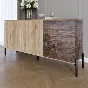 Комод закрытый в гостиную на черных металлических ножках LION Грей 154x30x76,5 см дуб сонома / дерево 30520 фото мебель