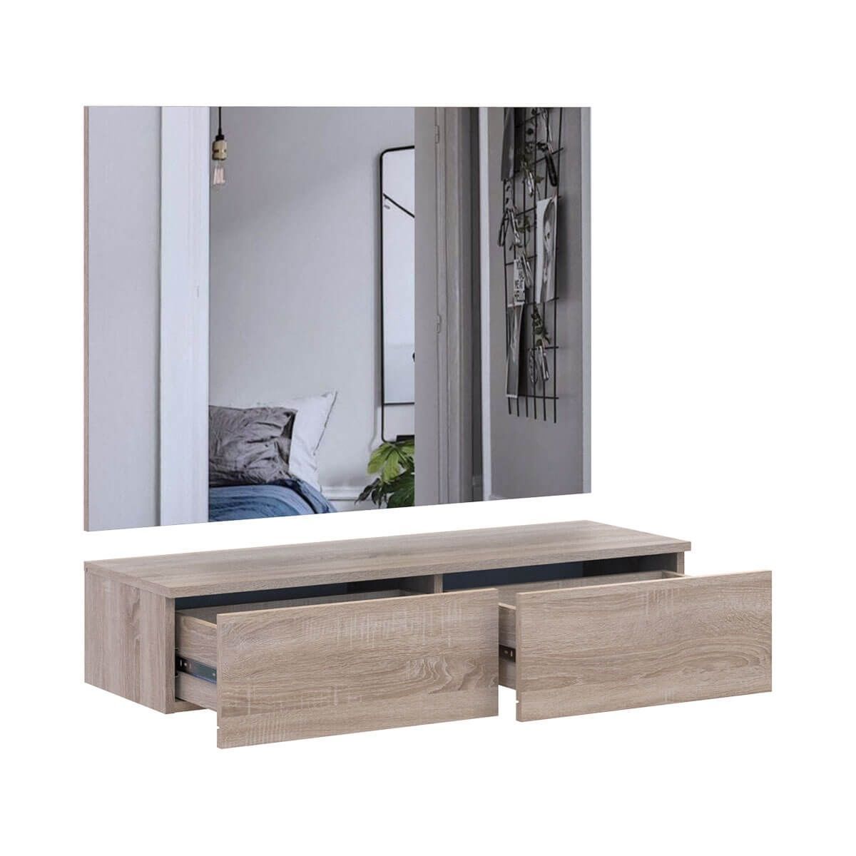 На фото вигляд збоку наповнення комплекту Левія Doros (Дорос) туалетний столик + дзеркало дуб сонома