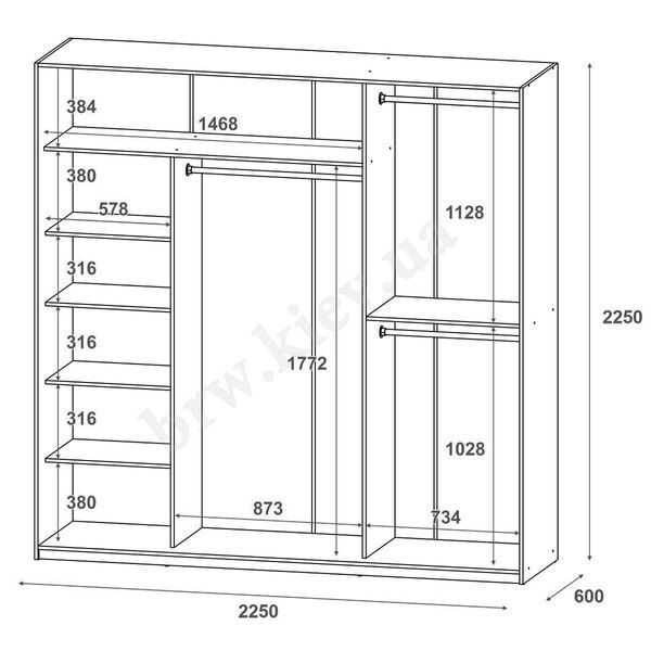 На фото схема з розмірами шафи-купе Сіті Лайт Doros (Дорос) 3 ДСП 225х60х225 см
