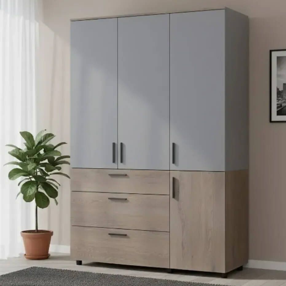 Шкаф распашной Торн Doros (Дорос) 3 ДСП/3Ш (полки) 135х51,6х200 см кремона канноло / серый 44900506 фото мебель