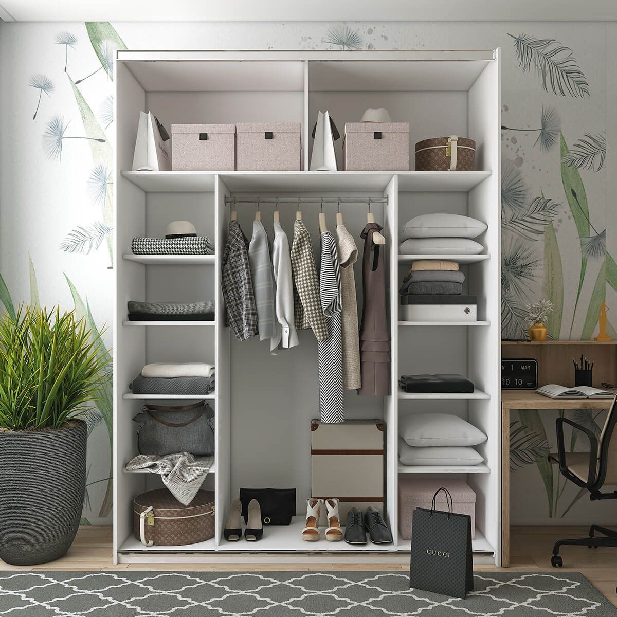 На фото наповнення білої шафи-купе G-Кайзер Doros (Дорос) 2 Дзеркала 180х60х240 в інтер'єрі