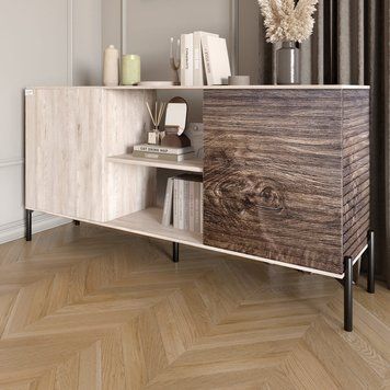 Комод открытый на черных металлических ножках LION Грей 154x38x76,5 см самоа дымчатый / дерево 30590 фото мебель