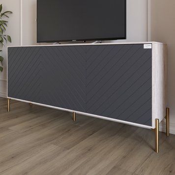 Тумба под телевизор с золотыми металлическими ножками LION Амарант 168x40x76,5 см самоа дымчатый / графит 18178 фото мебель