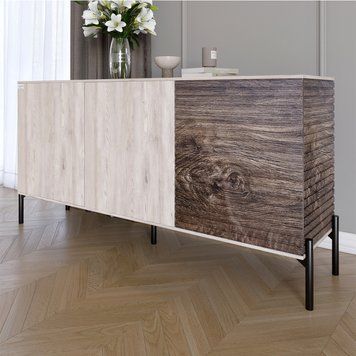 Комод закрытый в гостиную на черных металлических ножках LION Грей 154x30x76,5 см самоа дымчатый / дерево 30524 фото мебель