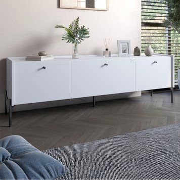 Тумба под телевизор на 3 ящика LION Wood с черными металлическими ножками 160х65х40 см нимфея альба (белый) 18026 фото мебель
