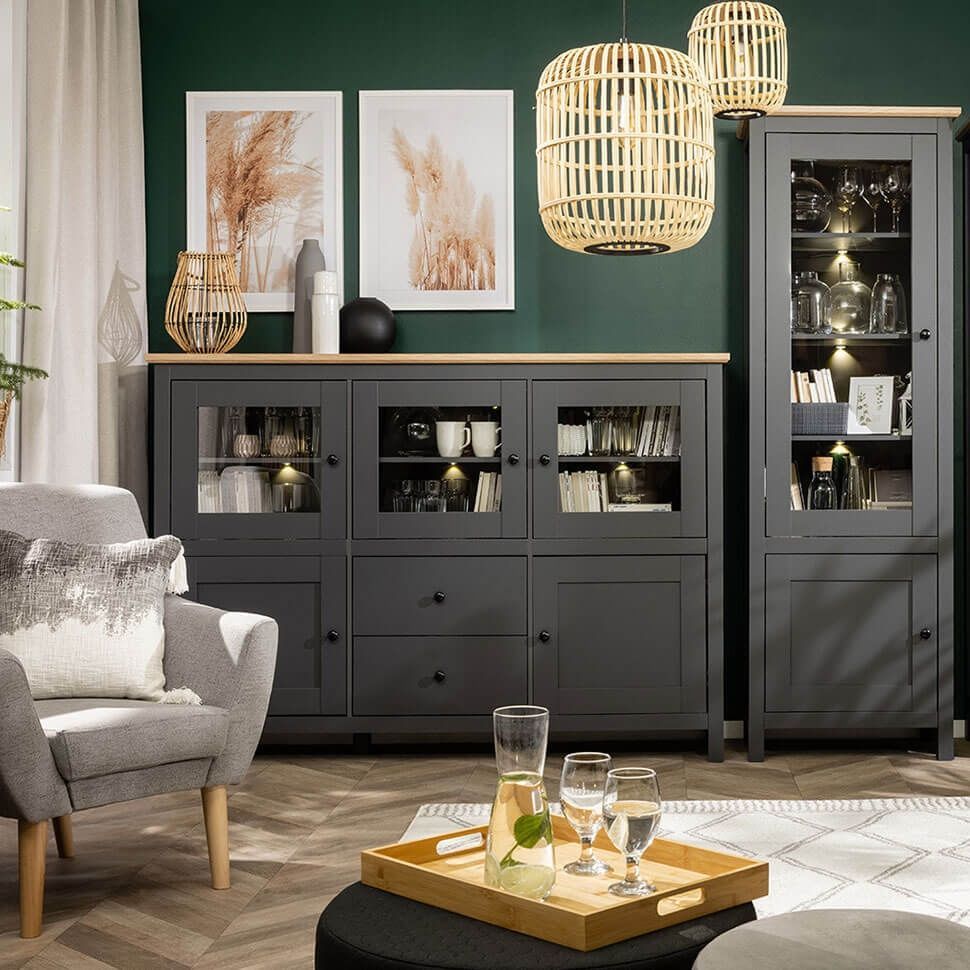 Буфет KOM3W2D2S/13/19 HESEN BRW графіт / дуб артизан S515-KOM3W2D2S/13/19-GF/DASN фото меблі