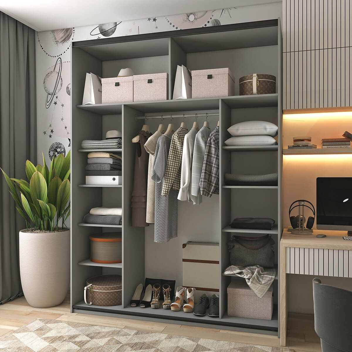 На фото наповнення шафи-купе G-Кайзер Doros (Дорос) 2 Дзеркала 180х60х240 графіт в інтер'єрі
