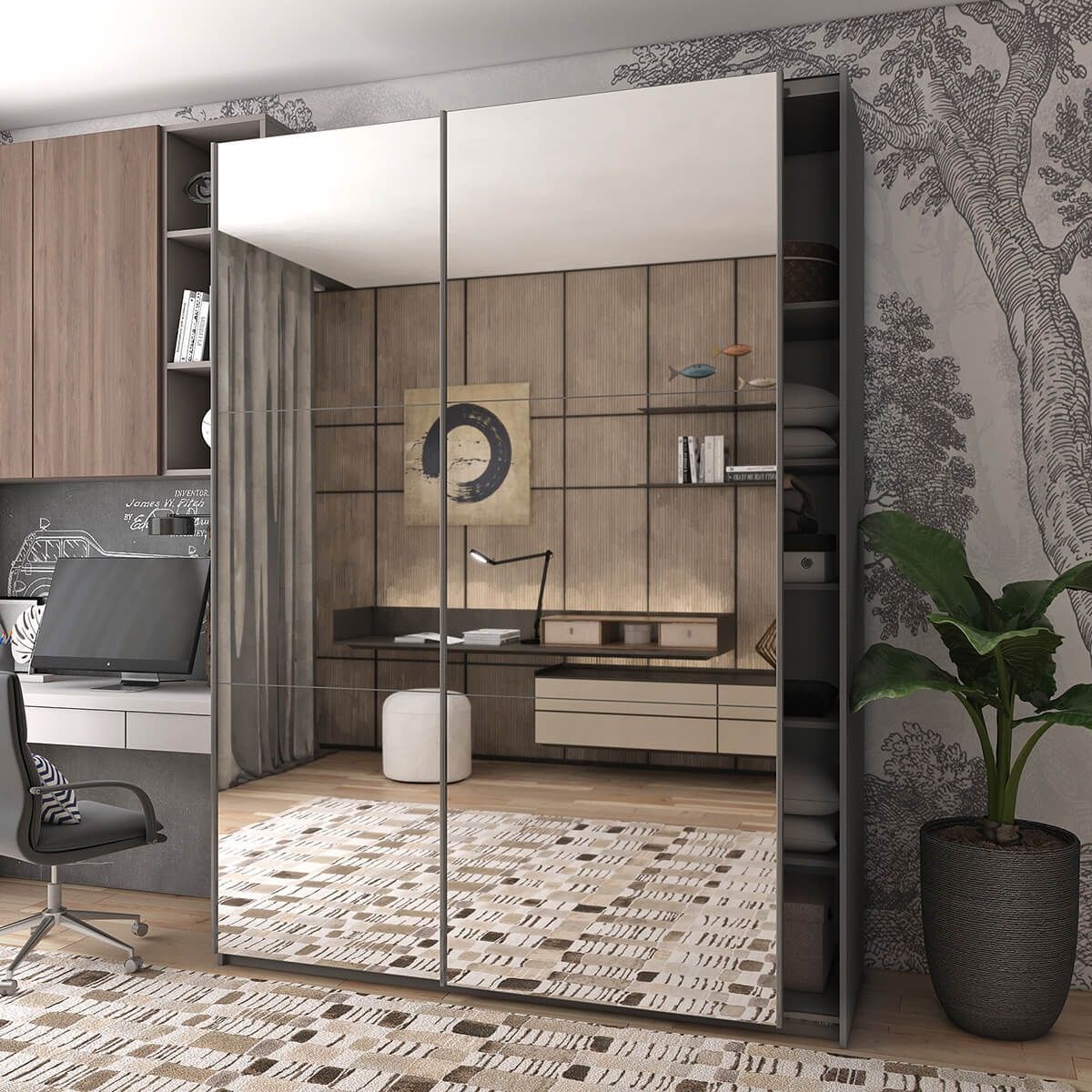 На фото шафа-купе G-Кайзер Doros (Дорос) 2 Дзеркала 180х60х240 графіт в інтер'єрі