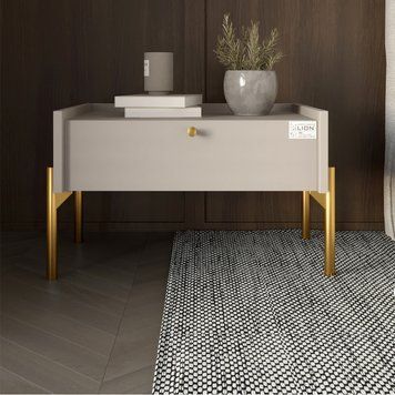 Тумба приліжкова LION Wood з однією шухлядою на золотих металевих ніжках 50х31,5х40 см кашемір 17663 фото меблі