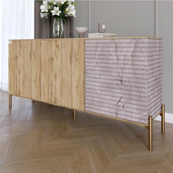 Комод закрытый в гостиную на золотых металлических ножках LION Грей 154x38x76,5 см дуб аппалачи / камень 30656 фото мебель