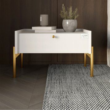 Тумба прикроватная LION Wood с одним ящиком на золотых металлических ножках 50х31,5х40 см нимфея альба (белый) 17664 фото мебель