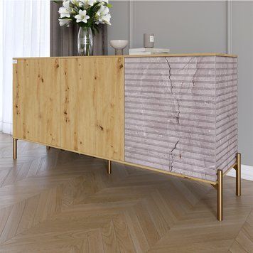 Комод закрытый в гостиную на золотых металлических ножках LION Грей 154x38x76,5 см дуб артизан / камень 30657 фото мебель