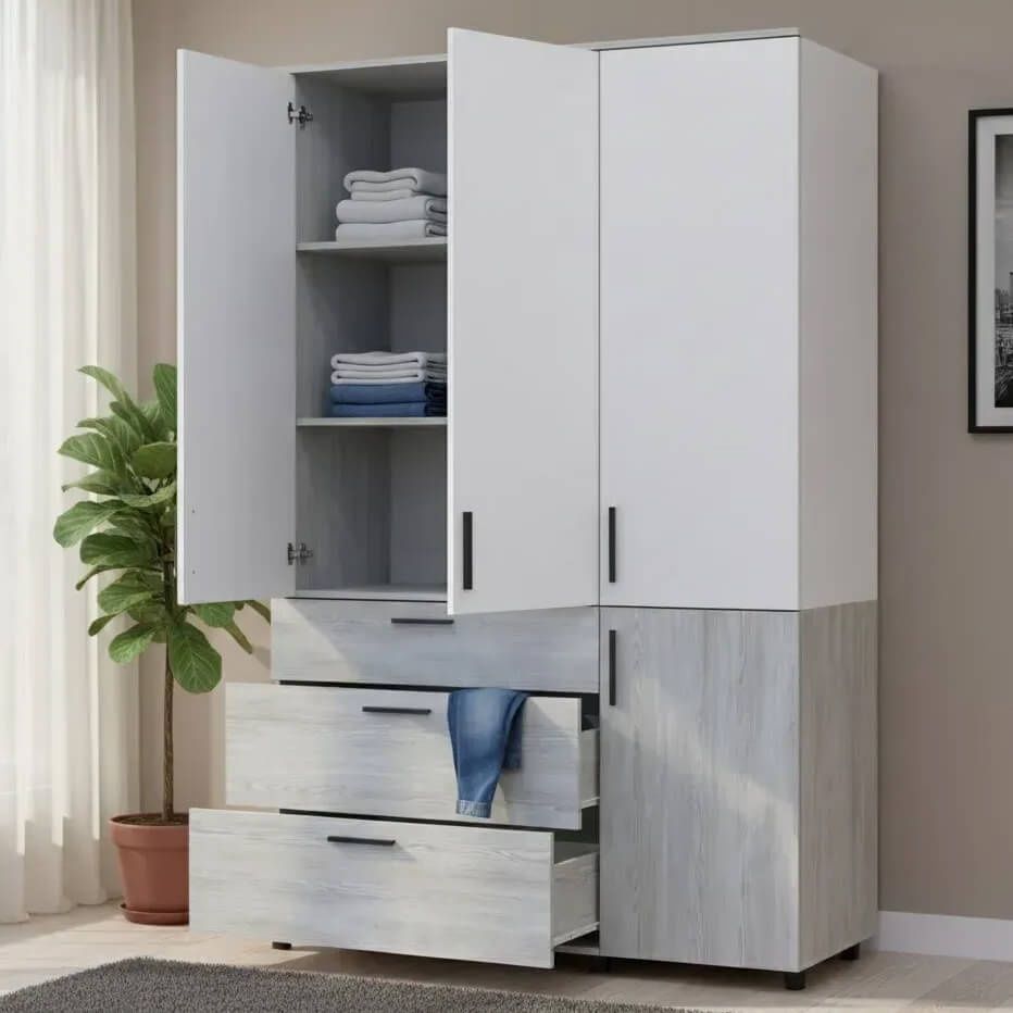 Шкаф распашной Торн Doros (Дорос) 3 ДСП/3Ш (полки) 135х51,6х200 см сосна натти / белый 44900510 фото мебель