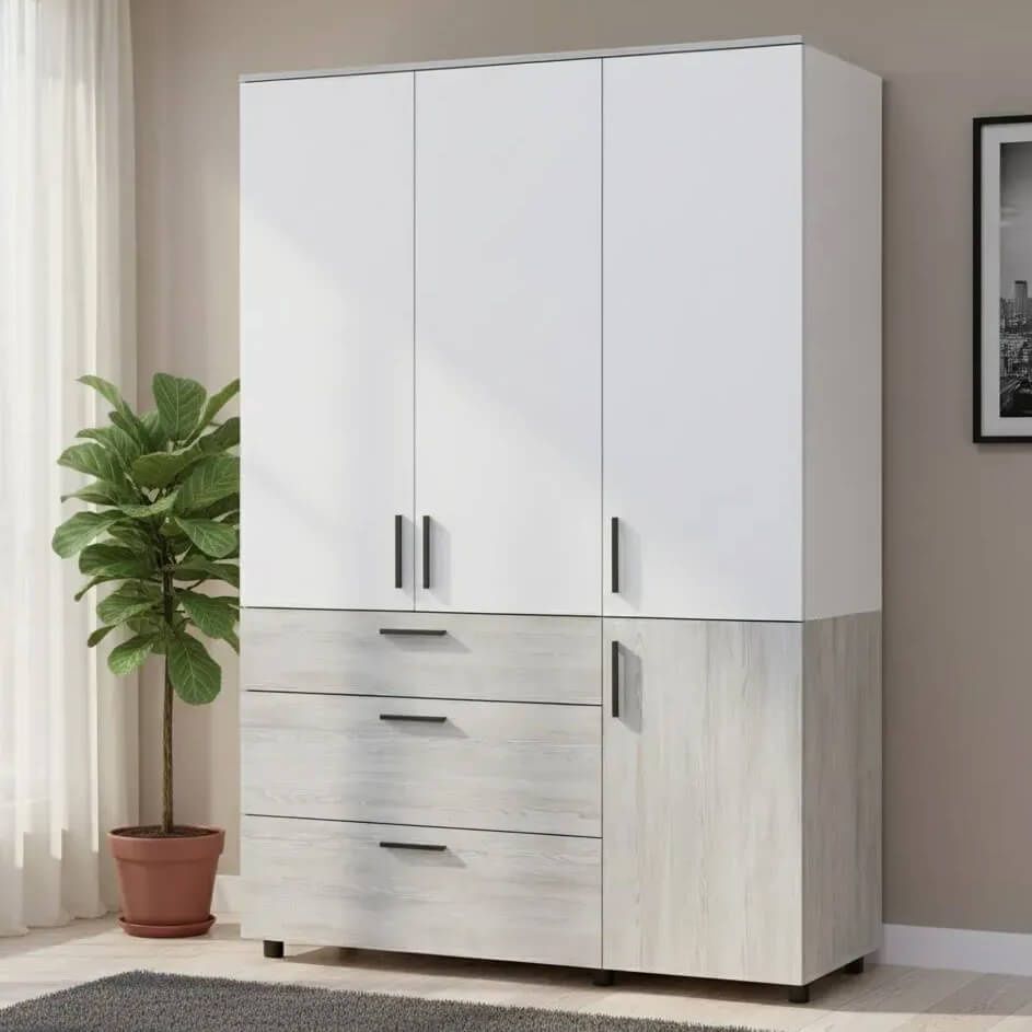 Шкаф распашной Торн Doros (Дорос) 3 ДСП/3Ш (полки) 135х51,6х200 см сосна натти / белый 44900510 фото мебель