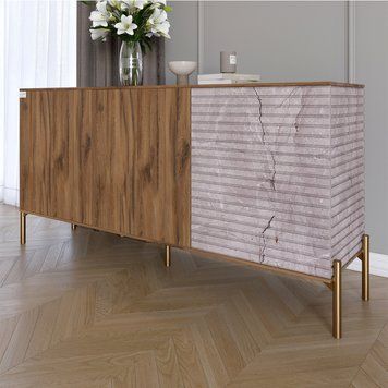 Комод закрытый в гостиную на золотых металлических ножках LION Грей 154x38x76,5 см дуб ливорно / камень 30658 фото мебель