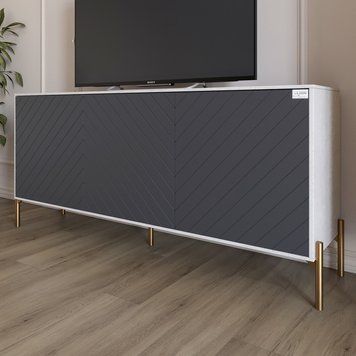 Тумба под телевизор с золотыми металлическими ножками LION Амарант 168x40x76,5 см бетон Style / графит 18181 фото мебель
