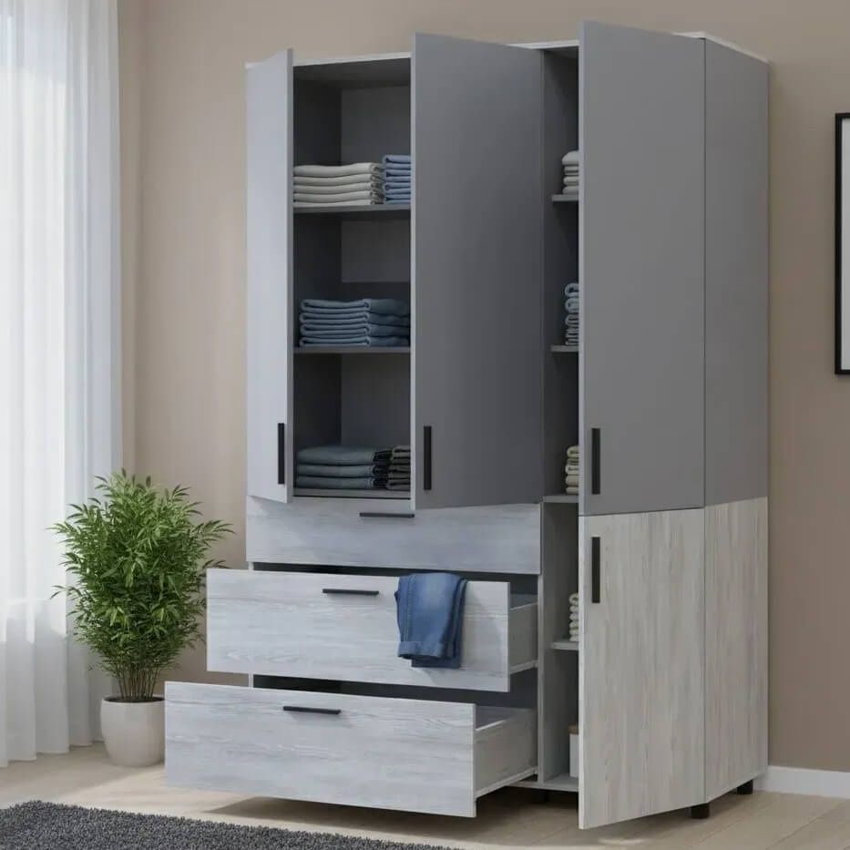 Шафа розпашна Торн Doros (Дорос) 3 ДСП/3Ш (полиці) 135х51,6х200 см сосна натті / сірий  44900514 фото меблі