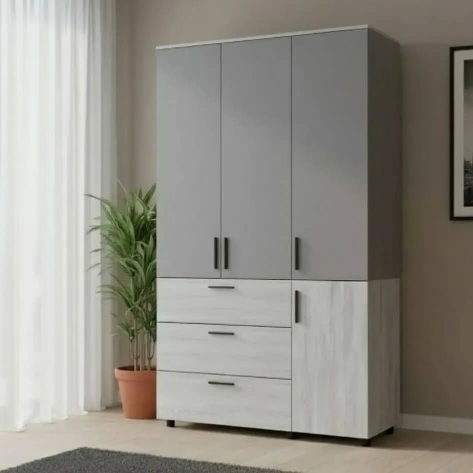 Шафа розпашна Торн Doros (Дорос) 3 ДСП/3Ш (полиці) 135х51,6х200 см сосна натті / сірий  44900514 фото меблі