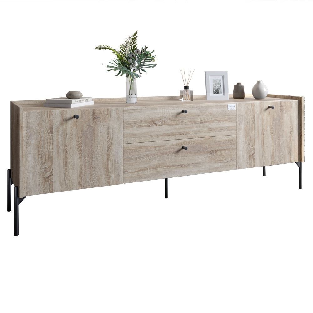 Тумба под телевизор с ящиками LION Wood с черными металлическими ножками 180х50х40 см дуб сонома 18164 фото мебель
