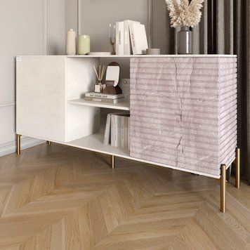 Комод відкритий на золотих металевих ніжках LION Грей 154x38x76,5 см бетон Style / камінь 18512 фото меблі