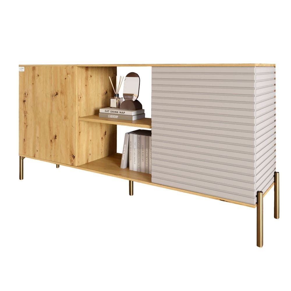 Комод открытый на золотых металлических ножках LION Грей 154x38x76,5 см дуб артизан 18530 фото мебель