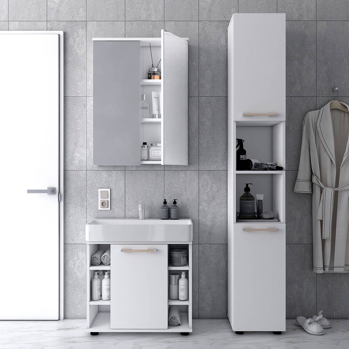 Комплект для ванной комнаты Мира Doros (Дорос) 90х32х183,5 белый 41510133 фото мебель