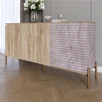 Комод закрытый в гостиную на золотых металлических ножках LION Грей 154x38x76,5 см дуб сонома / камень 30660 фото мебель