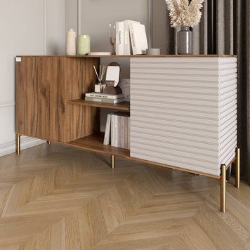 Комод открытый на золотых металлических ножках LION Грей 154x38x76,5 см дуб ливорно 18531 фото мебель