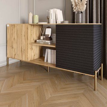 Комод открытый на золотых металлических ножках LION Грей 154x38x76,5 см дуб аппалачи / асфальт 18482 фото мебель