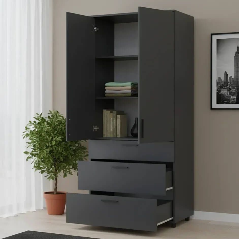 Шафа розпашна Торн Doros (Дорос) 2 ДСП/3Ш (полиці) 90х51,6х200 см антрацит 44900446 фото меблі