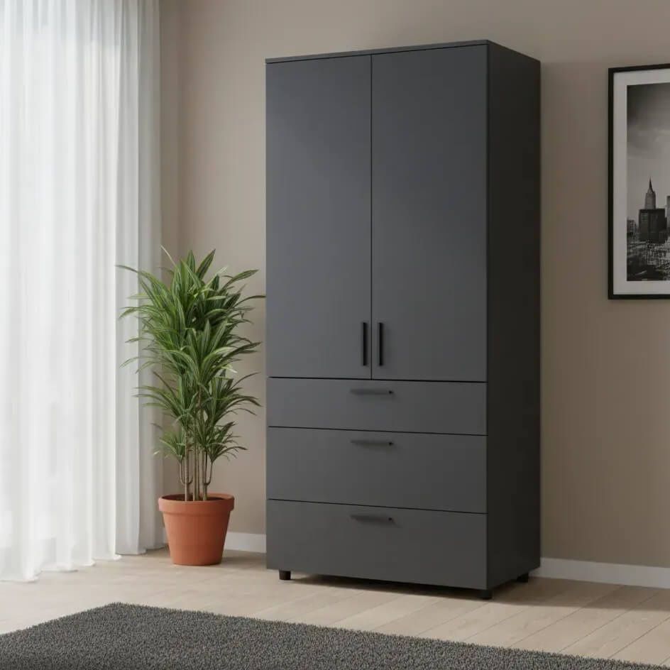 Шафа розпашна Торн Doros (Дорос) 2 ДСП/3Ш (полиці) 90х51,6х200 см антрацит 44900446 фото меблі