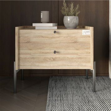 Тумба приліжкова LION Wood з двома шухлядами на чорних металевих ніжках 50х44х40 см дуб сонома 17787 фото меблі