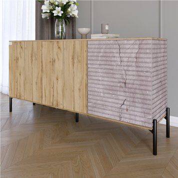 Комод закрытый в гостиную на черных металлических ножках LION Грей 154x30x76,5 см дуб аппалачи / камень 30551 фото мебель