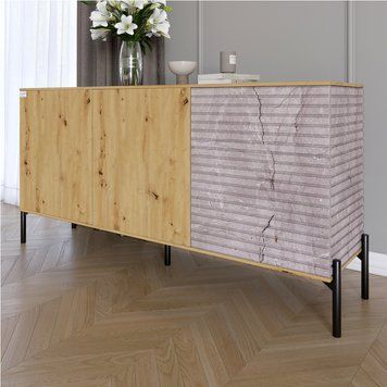 Комод закрытый в гостиную на черных металлических ножках LION Грей 154x30x76,5 см дуб артизан / камень 30552 фото мебель