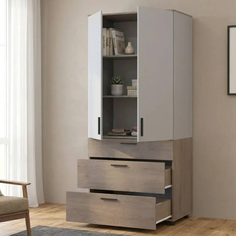 Шкаф распашной Торн Doros (Дорос) 2 ДСП/3Ш (полки) 90х51,6х200 см кремона канноло / серый 44900458 фото мебель