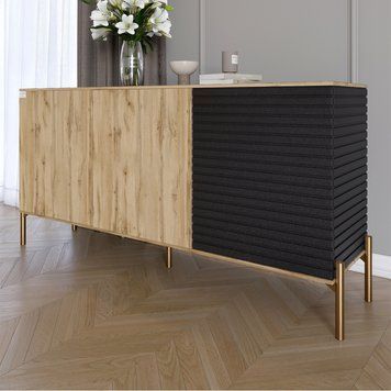 Комод закрытый в гостиную на золотых металлических ножках LION Грей 154x38x76,5 см дуб аппалачи / асфальт 30604 фото мебель