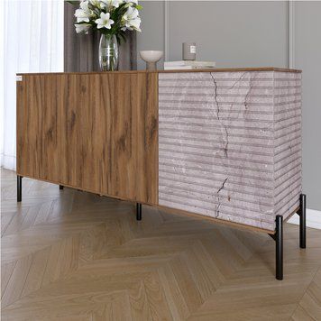 Комод закрытый в гостиную на черных металлических ножках LION Грей 154x30x76,5 см дуб ливорно / камень 30553 фото мебель