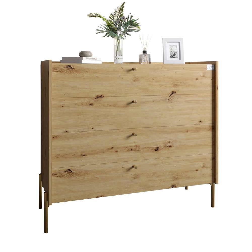 Комод із 4 шухлядами LION Wood на золотих металевих ніжках 100х90х45 см дуб артизан 17892 фото меблі