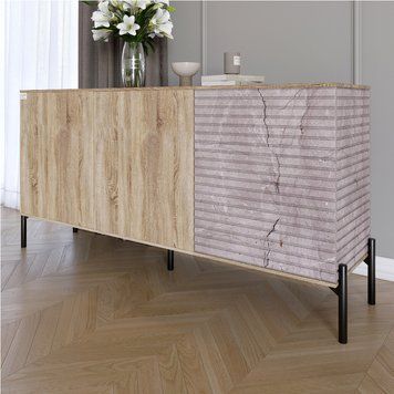 Комод закрытый в гостиную на черных металлических ножках LION Грей 154x30x76,5 см дуб сонома / камень 30555 фото мебель